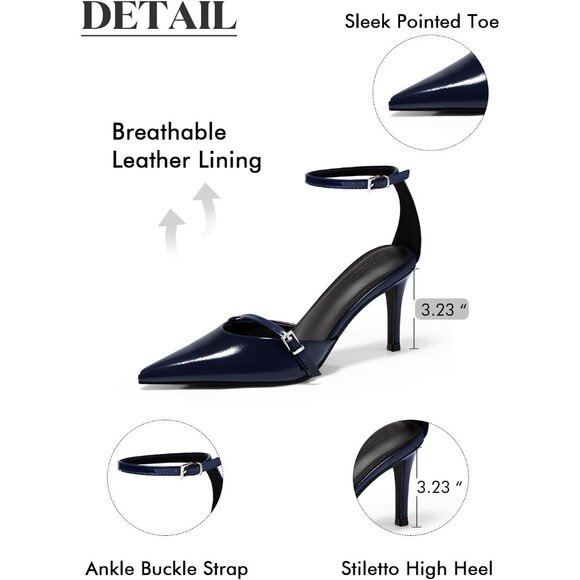 Coutgo Women's Navy Closed Pointed Toe Ankle Buckle Strap Pumps High Heels - Picture 5 of 5